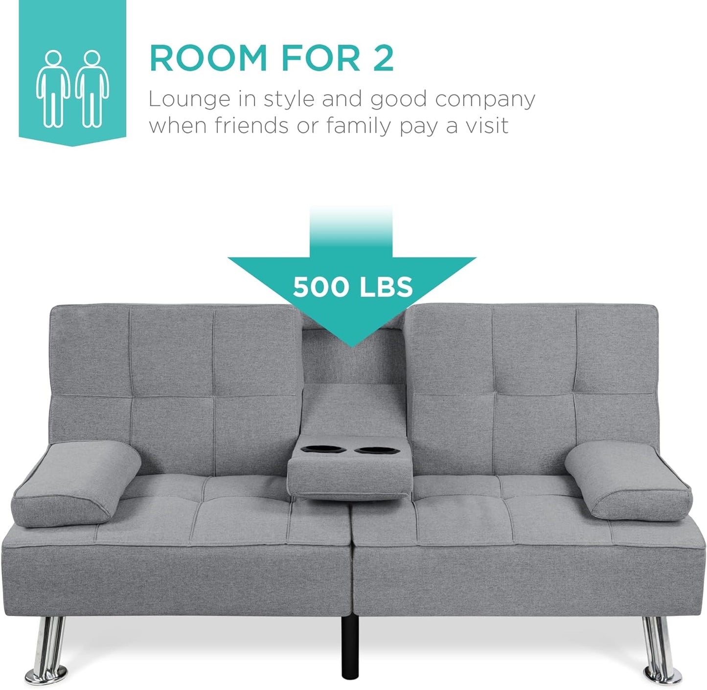 Best Choice Products Linen Upholstered Modern Convertible Folding Futon Sofa Bed for Compact Living Space, Apartment, Dorm, Bonus Room w/Removable Armrests, Metal Legs, 2 Cupholders - Gray