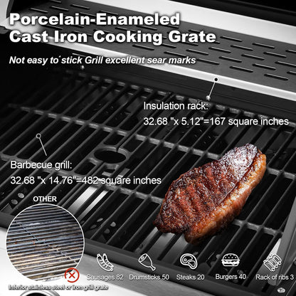 Upgraded 4 Burner BBQ Propane Gas Grill with Cast Iron Grates & Side Stove, 44,000 BTU Stainless Steel Burner Barbecue Grill for Patio, Camping, Outdoor Cooking.