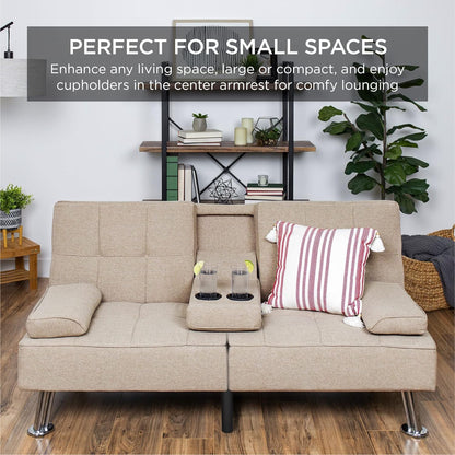 Best Choice Products Linen Upholstered Modern Convertible Folding Futon Sofa Bed for Compact Living Space, Apartment, Dorm, Bonus Room w/Removable Armrests, Metal Legs, 2 Cupholders - Gray