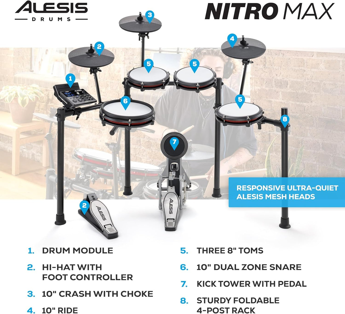 Nitro Max Electric Drum Set with Mesh Pads & Bluetooth