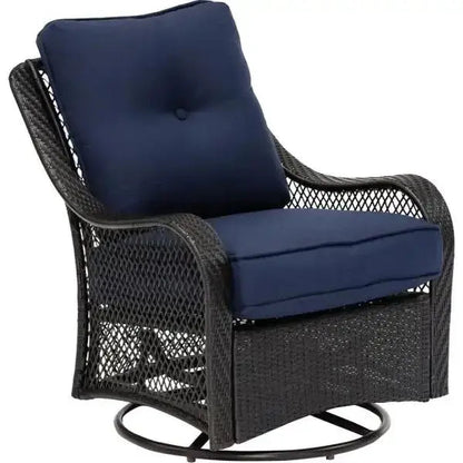 Orleans 5-Piece Steel Patio Fire Pit Conversation Set with Navy Blue Cushions, Swivel Gliders and Square Fire Pit Table