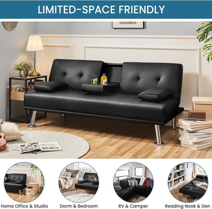 Yaheetech Convertible Sofa Bed Adjustable Couch Sleeper Modern Faux Leather Home Recliner Reversible Loveseat Folding Daybed Guest Bed, Removable Armrests, Cup Holders, 3 Angles, 772lb Capacity, Black
