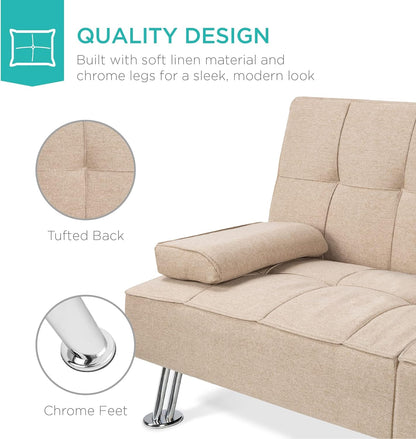 Best Choice Products Linen Upholstered Modern Convertible Folding Futon Sofa Bed for Compact Living Space, Apartment, Dorm, Bonus Room w/Removable Armrests, Metal Legs, 2 Cupholders - Gray