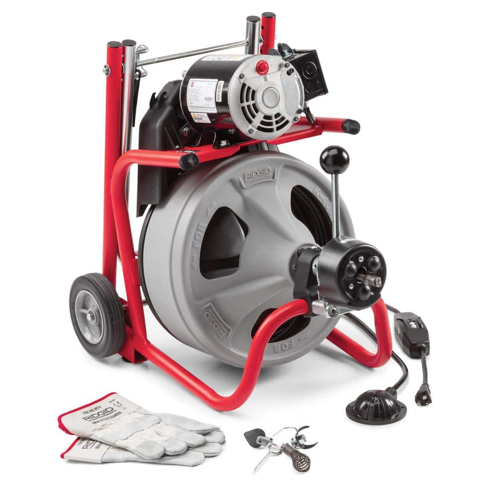 K-400 Drain Cleaning Snake Auger 120-Volt Drum Machine with C-32IW 3/8 in. x 75 ft. Cable + 4-Piece Tool Set & Gloves 52363