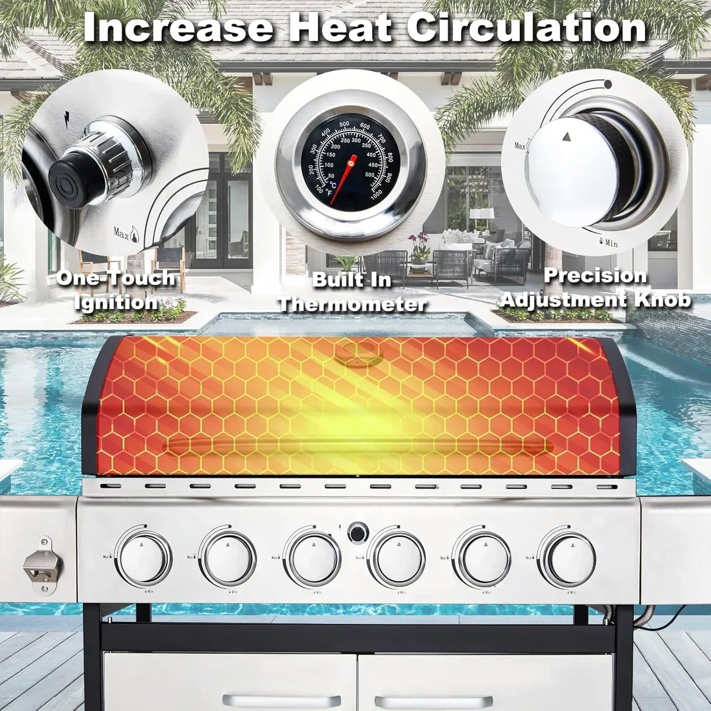 Upgraded 4 Burner BBQ Propane Gas Grill with Cast Iron Grates & Side Stove, 44,000 BTU Stainless Steel Burner Barbecue Grill for Patio, Camping, Outdoor Cooking.