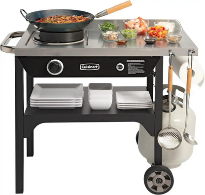 Cuisinart Outdoor Wok Station, 50,000 BTU Propane Outdoor Wok Burner w Prep Table, 14锟芥�锟斤拷 Carbon Steel Wok for Stir Fry, Searing, BBQ 锟斤拷 Black