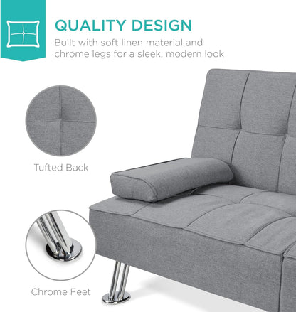 Best Choice Products Linen Upholstered Modern Convertible Folding Futon Sofa Bed for Compact Living Space, Apartment, Dorm, Bonus Room w/Removable Armrests, Metal Legs, 2 Cupholders - Gray