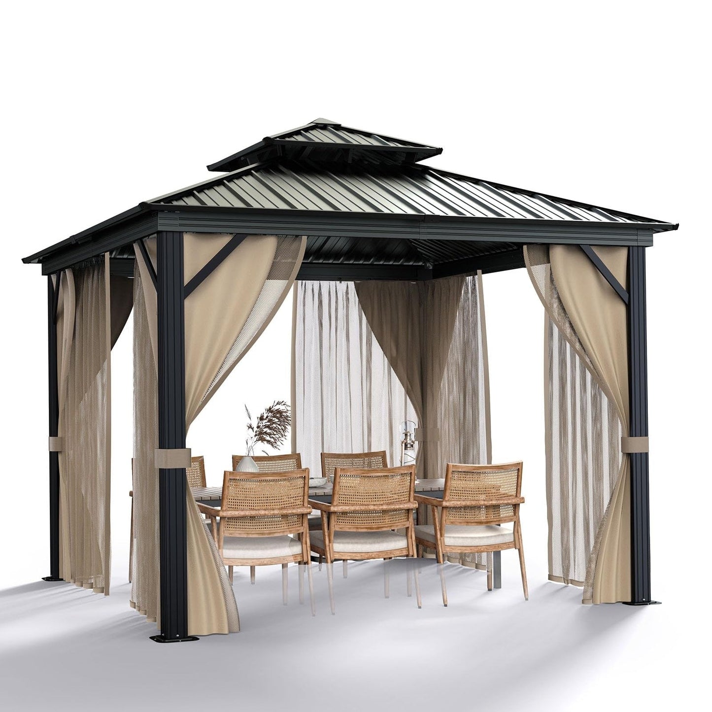 10'x10′ Hardtop Gazebo with double metal roof, aluminum frame, net, and curtain. All-weather, ideal for patio, deck, garden, backyard. Khaki.