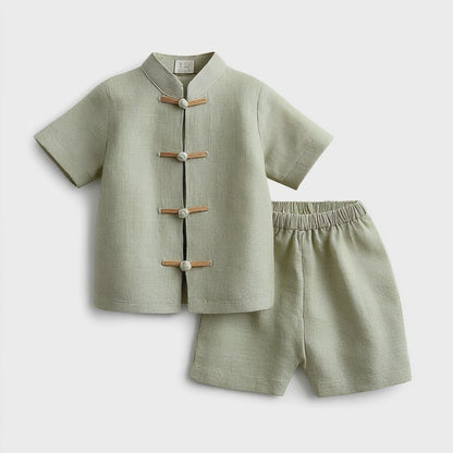Puristla Kids Modern Hanfu Two-Piece Set - Breathable Cotton Linen Traditional Chinese Tang Suit for Boys and Girls