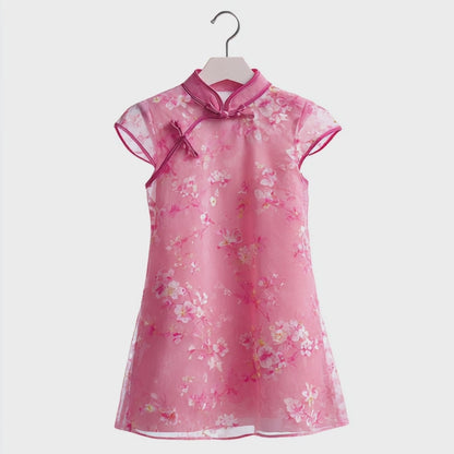 Puristla Girls Improved Qipao Dress - Elegant Floral Print Cotton A-Line Cheongsam Dress for Toddlers and Kids