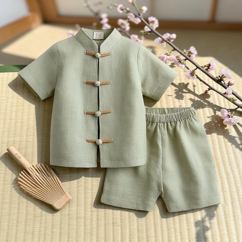 Puristla Kids Modern Hanfu Two-Piece Set - Breathable Cotton Linen Traditional Chinese Tang Suit for Boys and Girls
