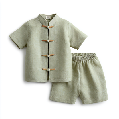 Puristla Kids Modern Hanfu Two-Piece Set - Breathable Cotton Linen Traditional Chinese Tang Suit for Boys and Girls