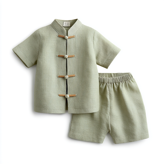 Puristla Kids Modern Hanfu Two-Piece Set - Breathable Cotton Linen Traditional Chinese Tang Suit for Boys and Girls
